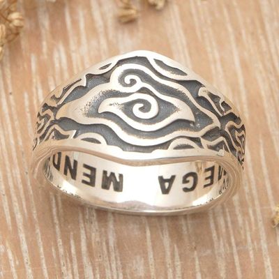 Primary image for Mens Sterling Silver Domed Ring with Traditional Design Megamendung Clouds