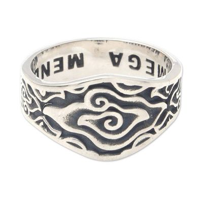 Alternate image for Mens Sterling Silver Domed Ring with Traditional Design Megamendung Clouds