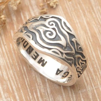 Alternate image for Mens Sterling Silver Domed Ring with Traditional Design Megamendung Clouds