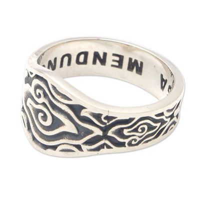 Alternate image for Mens Sterling Silver Domed Ring with Traditional Design Megamendung Clouds