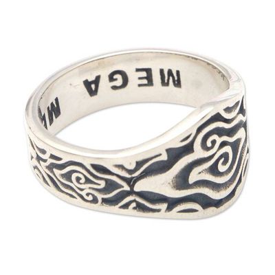 Alternate image for Mens Sterling Silver Domed Ring with Traditional Design Megamendung Clouds