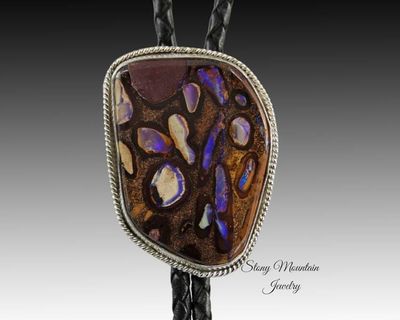 Alternate image for Australian Opal Bolo Tie, Custom Handcrafted Wedding Bolo Tie, Modern Sterling Silver Boulder Opal Designer Bolo Tie for Men or Women