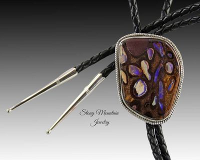 Alternate image for Australian Opal Bolo Tie, Custom Handcrafted Wedding Bolo Tie, Modern Sterling Silver Boulder Opal Designer Bolo Tie for Men or Women