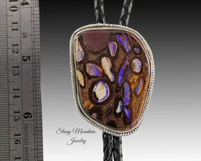 Alternate image for Australian Opal Bolo Tie, Custom Handcrafted Wedding Bolo Tie, Modern Sterling Silver Boulder Opal Designer Bolo Tie for Men or Women