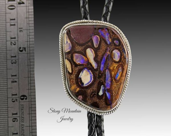 Alternate image for Australian Opal Bolo Tie, Custom Handcrafted Wedding Bolo Tie, Modern Sterling Silver Boulder Opal Designer Bolo Tie for Men or Women