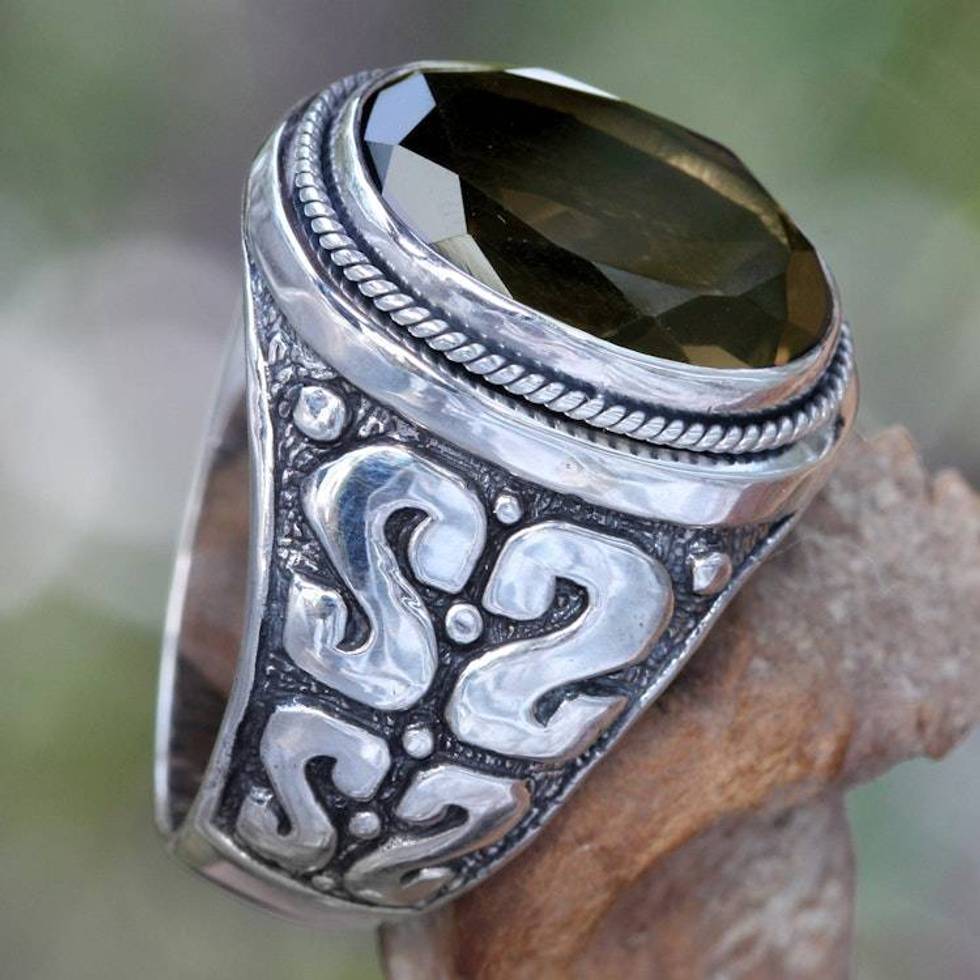 Men's Unique Sterling Silver and Smoky Quartz Ring 'Java Shadow'