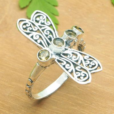 Primary image for Dragonfly-Themed Cocktail Ring with Faceted Citrine Jewels Prosperous Dragonfly