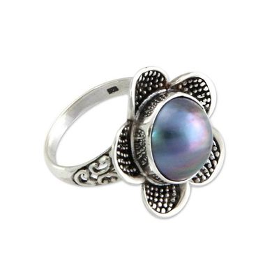 Alternate image for Handcrafted Floral Sterling Silver and Pearl Ring Blue Jasmine