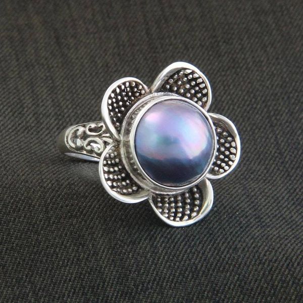 Alternate image for Handcrafted Floral Sterling Silver and Pearl Ring Blue Jasmine
