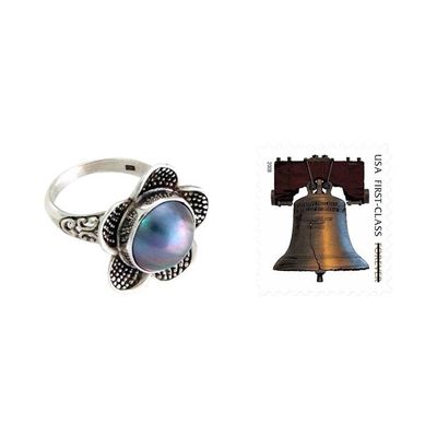 Alternate image for Handcrafted Floral Sterling Silver and Pearl Ring Blue Jasmine
