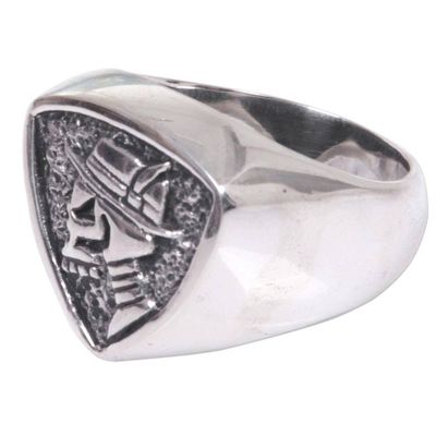 Alternate image for Hand Made Sterling Silver Skull Signet Ring from Indonesia Dapper Skull