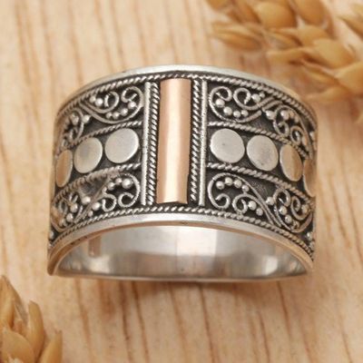 Primary image for Gold Accent Sterling Silver Band Ring with Spiral Motifs Golden Ubud Sky