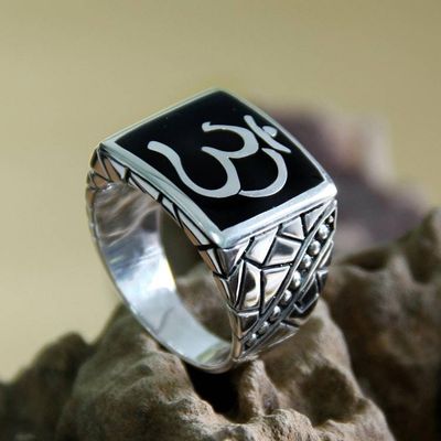 Primary image for Mens Sterling Silver Signet Ring from Indonesia Sanskrit Om
