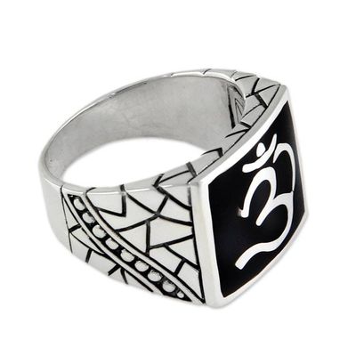 Alternate image for Mens Sterling Silver Signet Ring from Indonesia Sanskrit Om