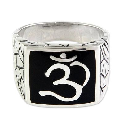 Alternate image for Mens Sterling Silver Signet Ring from Indonesia Sanskrit Om