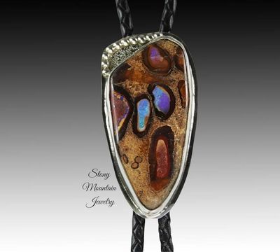 Alternate image for Handcrafted Boulder Opal Designer Bolo Tie, Unique Custom Wedding Bolo Tie, Modern One of a Kind Sterling Silver Bolo Ties for Men or Women