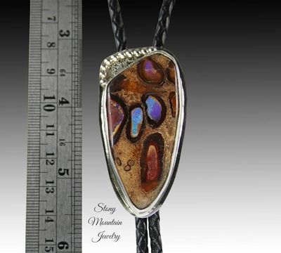 Alternate image for Handcrafted Boulder Opal Designer Bolo Tie, Unique Custom Wedding Bolo Tie, Modern One of a Kind Sterling Silver Bolo Ties for Men or Women