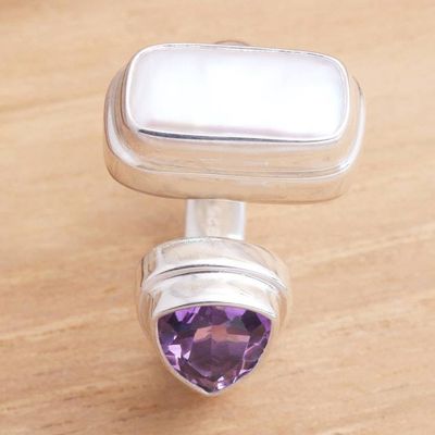 Alternate image for Pearl and Amethyst Sterling Silver Ring Two Minds