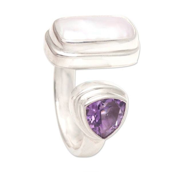 Alternate image for Pearl and Amethyst Sterling Silver Ring Two Minds