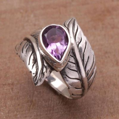 Primary image for Amethyst and Silver Leaf Design Cocktail Ring from Bali Leafy Caress