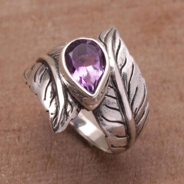 Alternate image for Amethyst and Silver Leaf Design Cocktail Ring from Bali Leafy Caress