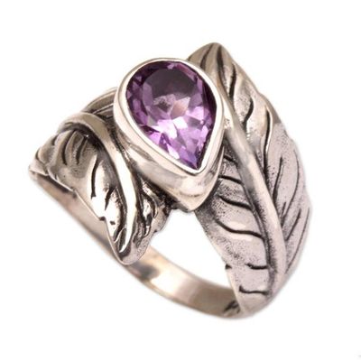 Alternate image for Amethyst and Silver Leaf Design Cocktail Ring from Bali Leafy Caress