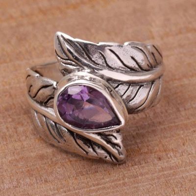 Alternate image for Amethyst and Silver Leaf Design Cocktail Ring from Bali Leafy Caress