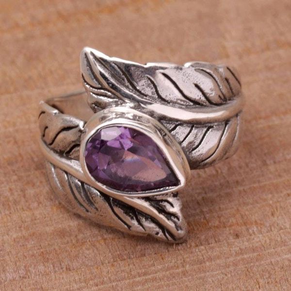 Alternate image for Amethyst and Silver Leaf Design Cocktail Ring from Bali Leafy Caress