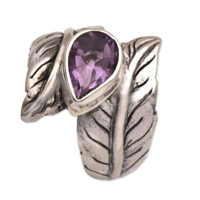 Alternate image for Amethyst and Silver Leaf Design Cocktail Ring from Bali Leafy Caress
