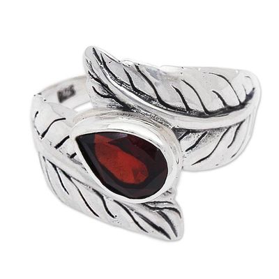 Alternate image for Garnet and Silver Leaf Design Cocktail Ring from Bali Leafy Caress