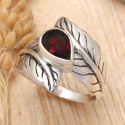 Alternate image for Garnet and Silver Leaf Design Cocktail Ring from Bali Leafy Caress