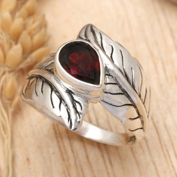 Alternate image for Garnet and Silver Leaf Design Cocktail Ring from Bali Leafy Caress