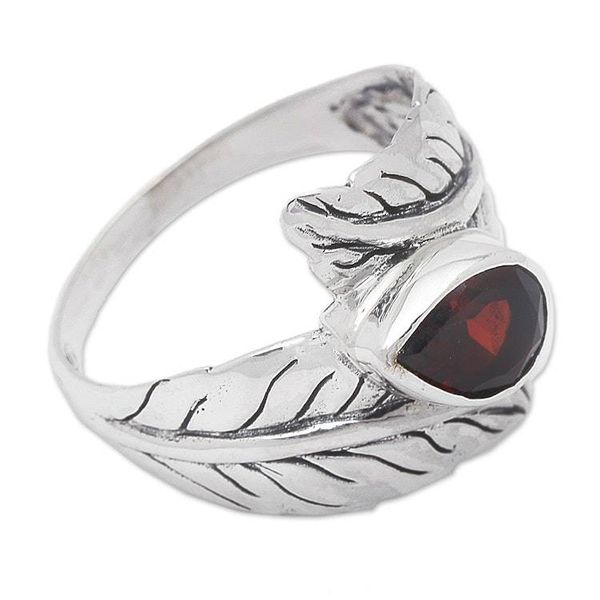 Alternate image for Garnet and Silver Leaf Design Cocktail Ring from Bali Leafy Caress
