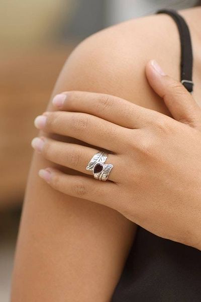 Alternate image for Garnet and Silver Leaf Design Cocktail Ring from Bali Leafy Caress