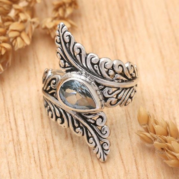 Alternate image for Blue Topaz and Sterling Silver Fern Cocktail Ring from Bali Ferny Caress