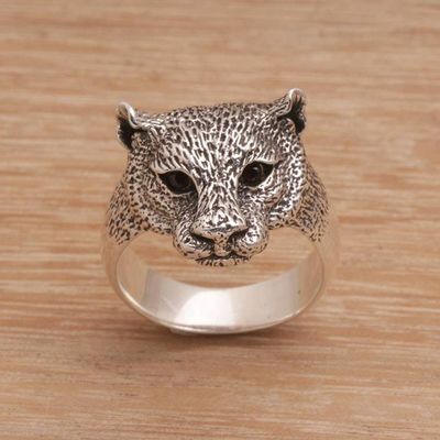 Alternate image for Mens Garnet and Sterling Silver Wild Cat Ring from Bali Wildest Nature