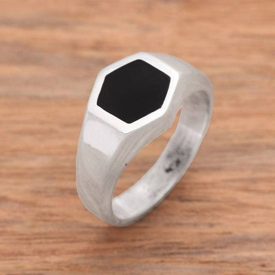 Alternate image for Hexagon Sterling Silver Signet Ring Crafted in Bali Simple Hex