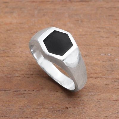 Alternate image for Hexagon Sterling Silver Signet Ring Crafted in Bali Simple Hex