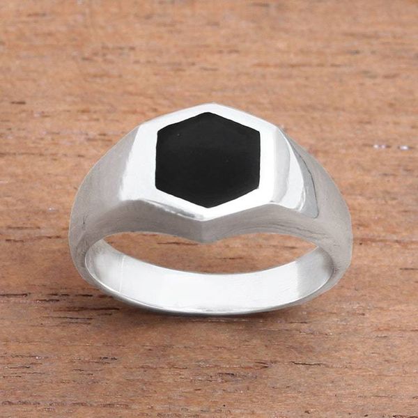 Alternate image for Hexagon Sterling Silver Signet Ring Crafted in Bali Simple Hex