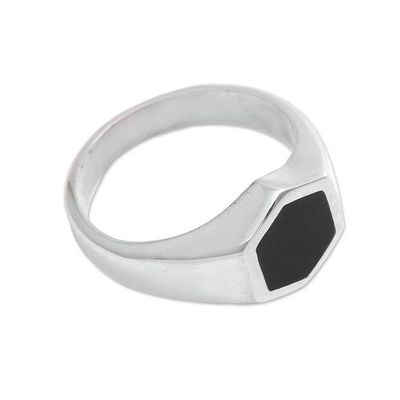 Alternate image for Hexagon Sterling Silver Signet Ring Crafted in Bali Simple Hex