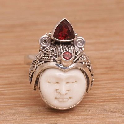 Alternate image for Carved Bone and Sterling Silver Ring with Garnet Accents White Knight