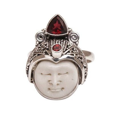 Alternate image for Carved Bone and Sterling Silver Ring with Garnet Accents White Knight