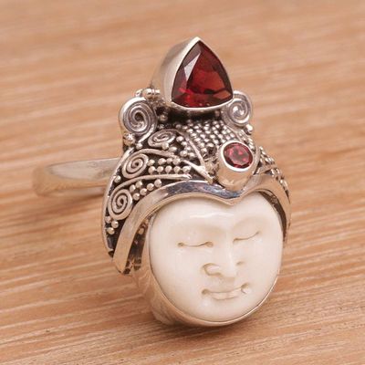 Alternate image for Carved Bone and Sterling Silver Ring with Garnet Accents White Knight