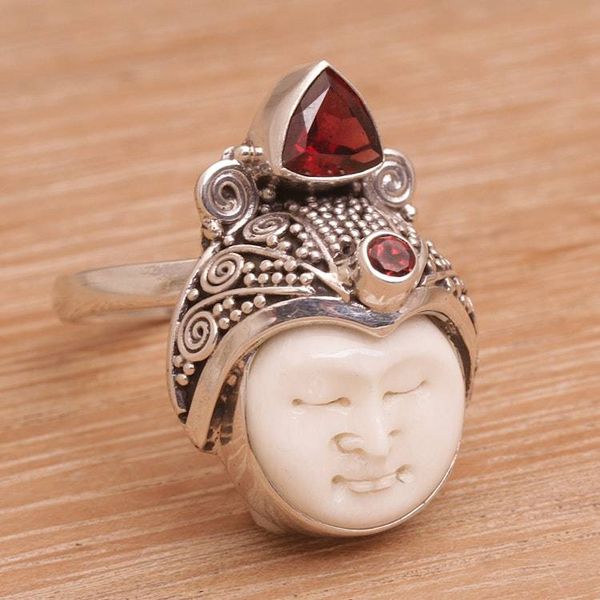 Alternate image for Carved Bone and Sterling Silver Ring with Garnet Accents White Knight