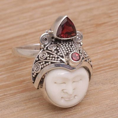 Alternate image for Carved Bone and Sterling Silver Ring with Garnet Accents White Knight