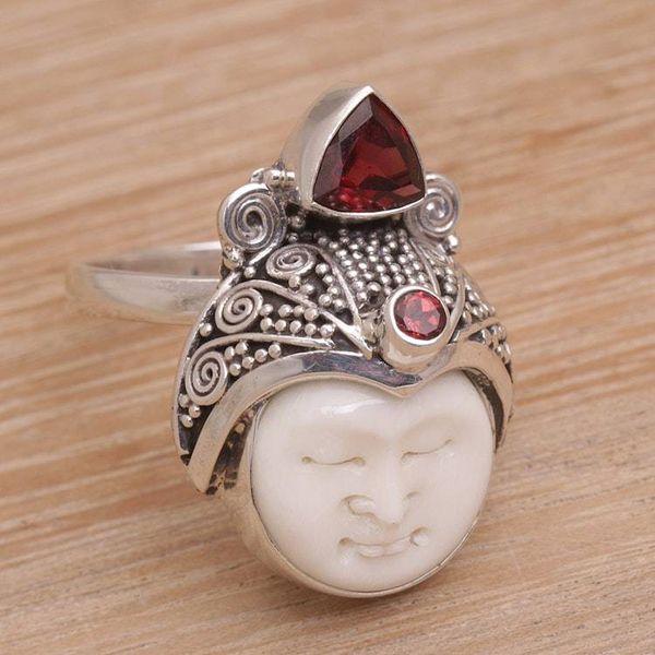 Alternate image for Carved Bone and Sterling Silver Ring with Garnet Accents White Knight