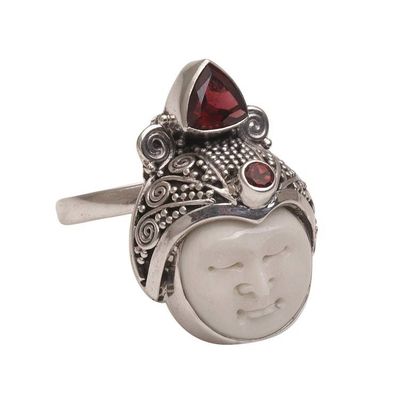 Alternate image for Carved Bone and Sterling Silver Ring with Garnet Accents White Knight