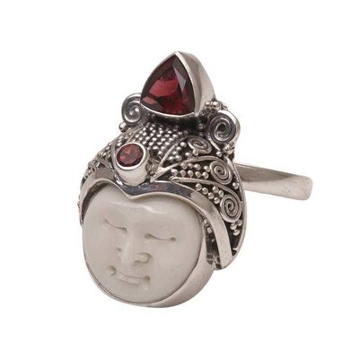 Alternate image for Carved Bone and Sterling Silver Ring with Garnet Accents White Knight