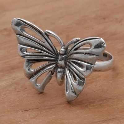 Alternate image for Artisan Crafted Sterling Silver Butterfly Ring from Bali Emerging Butterfly