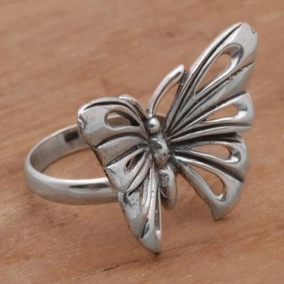 Alternate image for Artisan Crafted Sterling Silver Butterfly Ring from Bali Emerging Butterfly